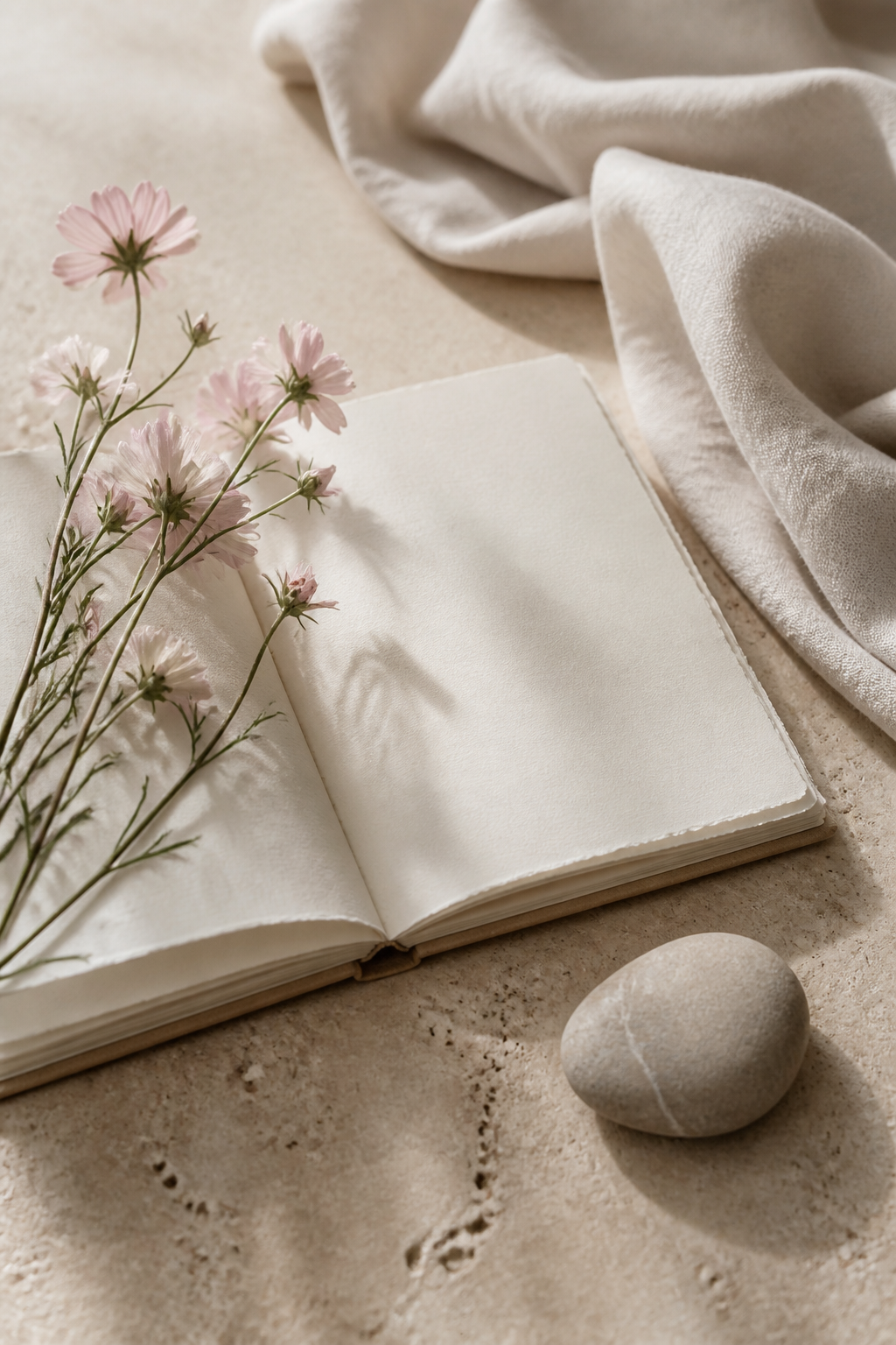 Wildflowers, a blank journal and folded cotton on a stone surface